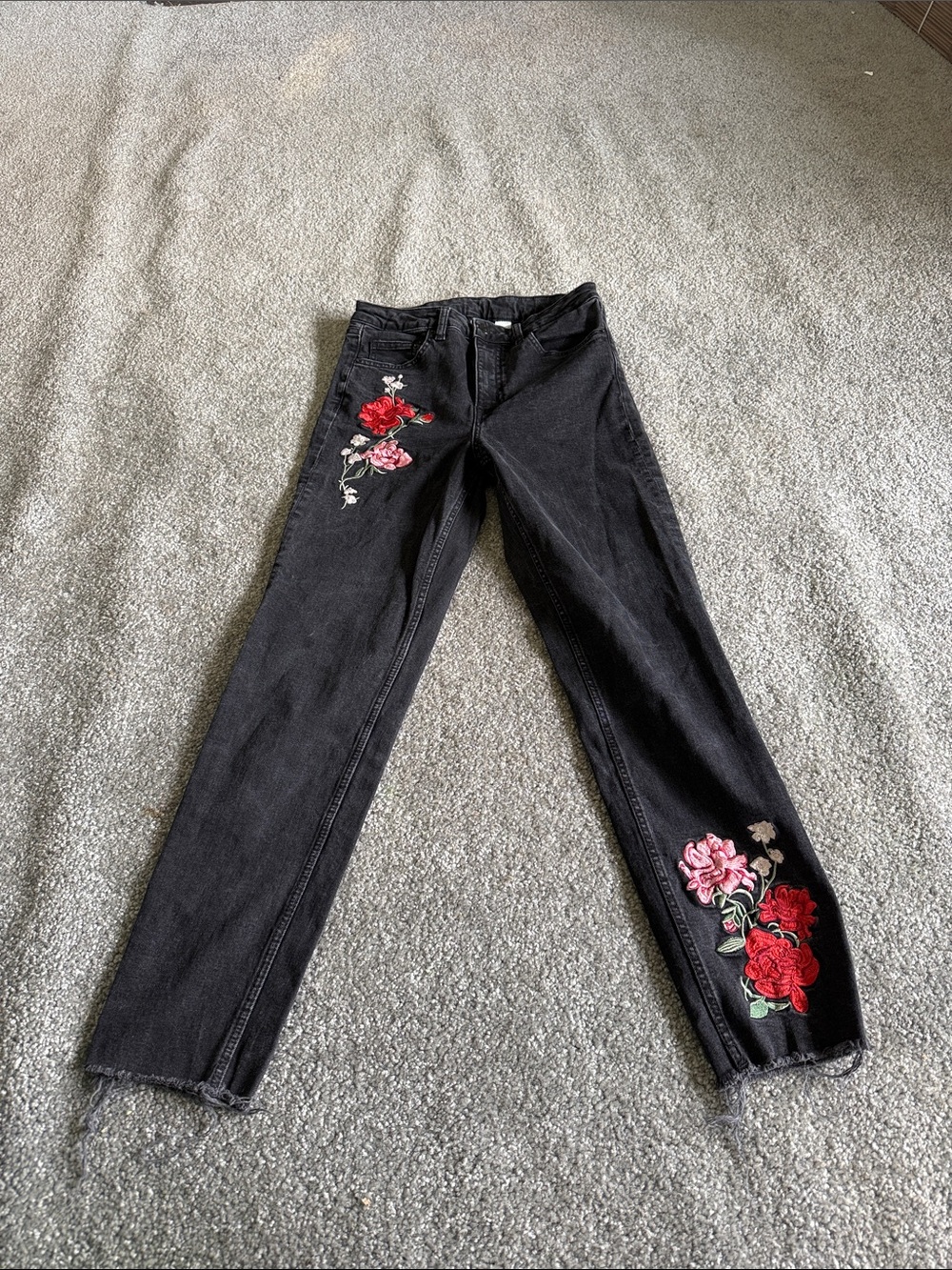 Divided Black Straight-Leg Jeans with Red & Pink Floral Embroidery